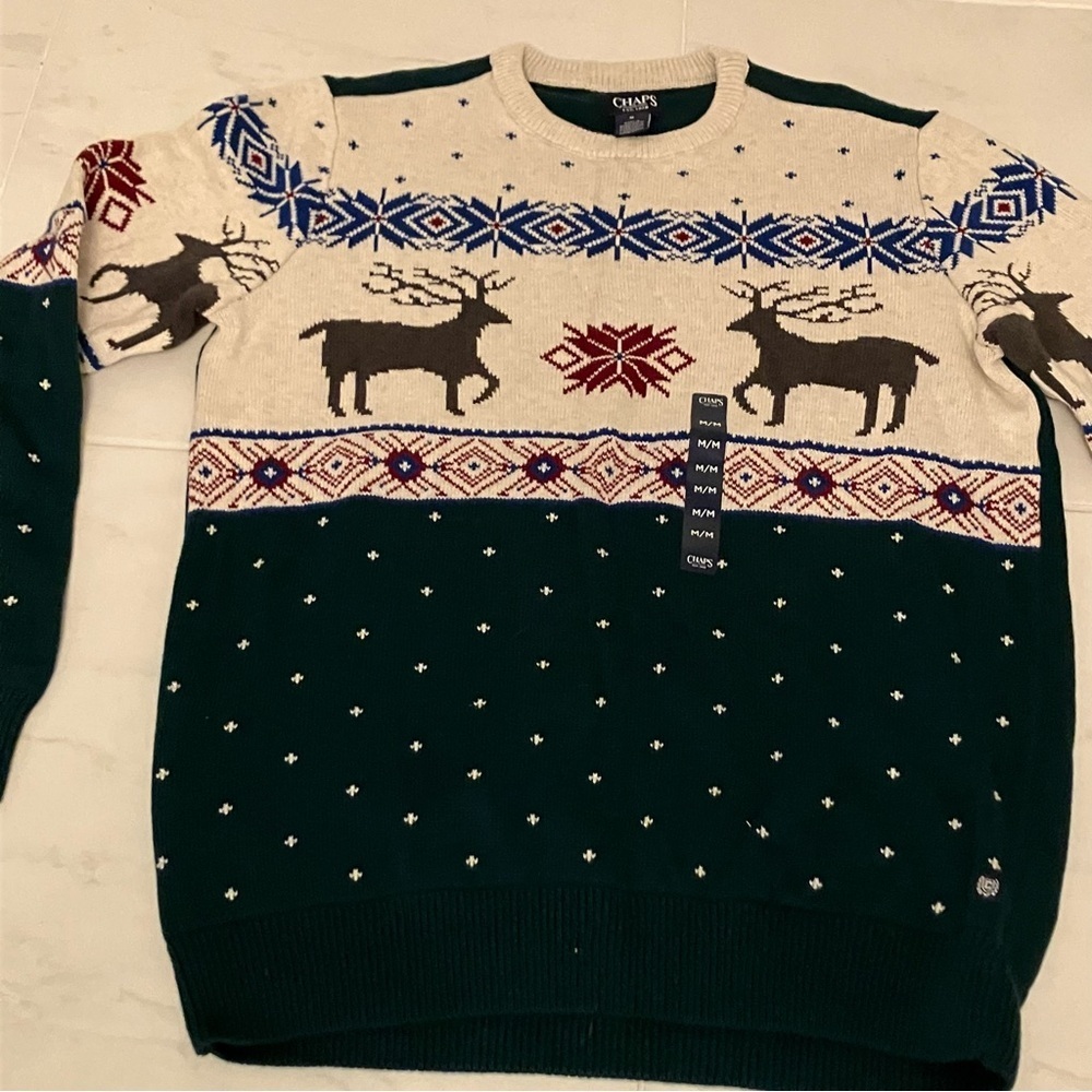 Chaps green patterned cotton sweater.  New!  Deer print!